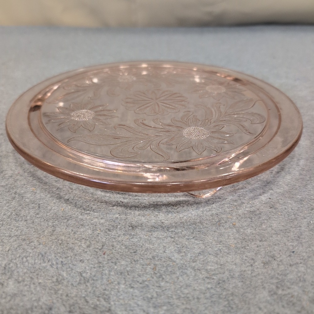 Jeannette Sunflower Pink Depression Glass 3 Footed Cake Plate Vintage 1930s